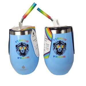 Manna Wine Tumbler Stainless Steel + Straw Lot of 2 PRIDE LBGTQ - BLUE Lion 17oz
